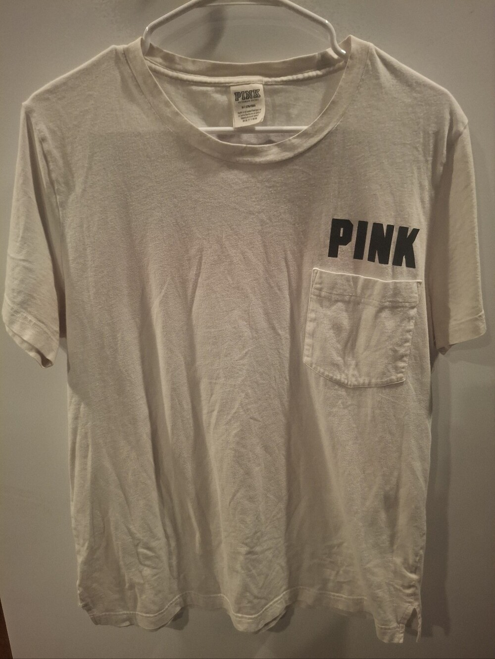 PINK Victoria's Secret Cream/white  Short Sleeve Pocket Tee with Black Logo
